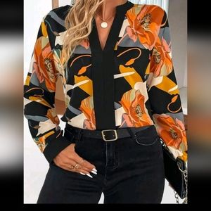 Plus Size Floral Print Long Sleeve Top Blouse Shirt